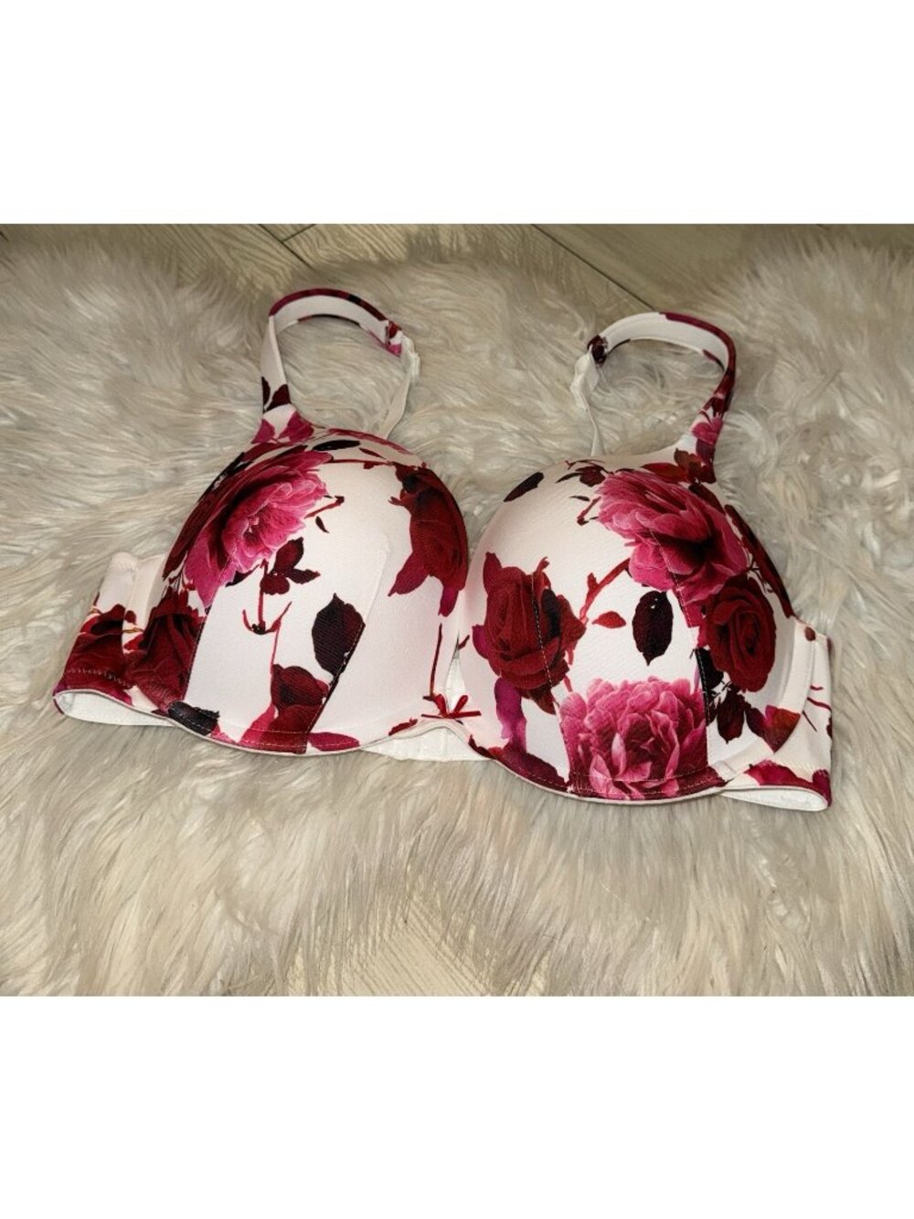Cacique Boost Plunge Bra Padded Floral Underwire Womens 38DD White New